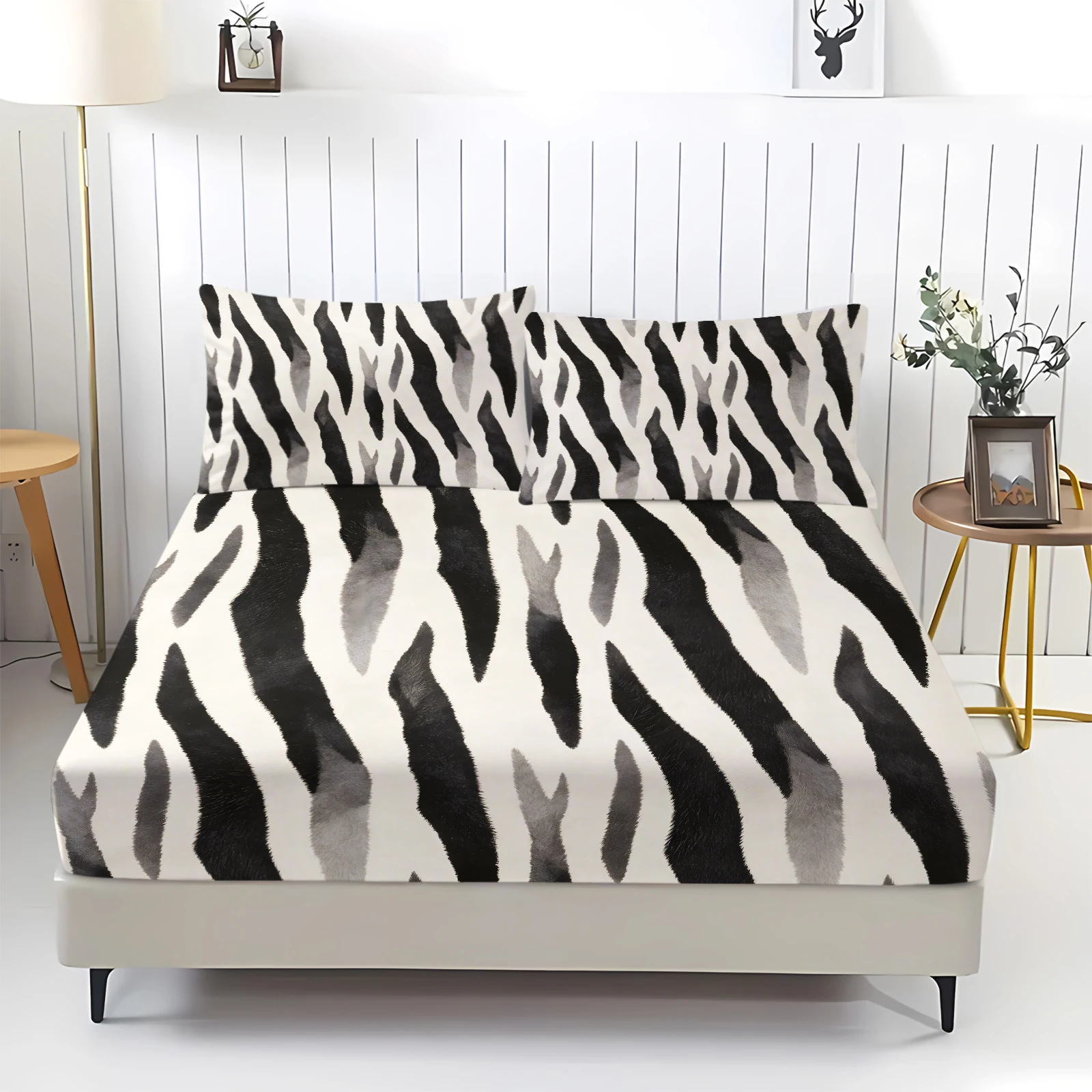 Zebra Fur Print Fitted Sheet Set Full Surround Elastic Deep Pocket Mattress Cover with Pillowcases Soft Microfiber Bedding Linen