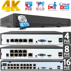 4K 8MP Onvif NVR PoE 4-8-16CH NVR for IP Cameras CCTV Home Security System NVR Recorder H.265 Face Detect Network Recorder XMeye