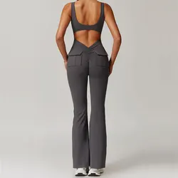 Back V Jumpsuit Pocket Gym Set Women Clothes Yoga Set Sportswear Women Sports Jumpsuit Fitness Rompers Stretch Workout Bodysuits