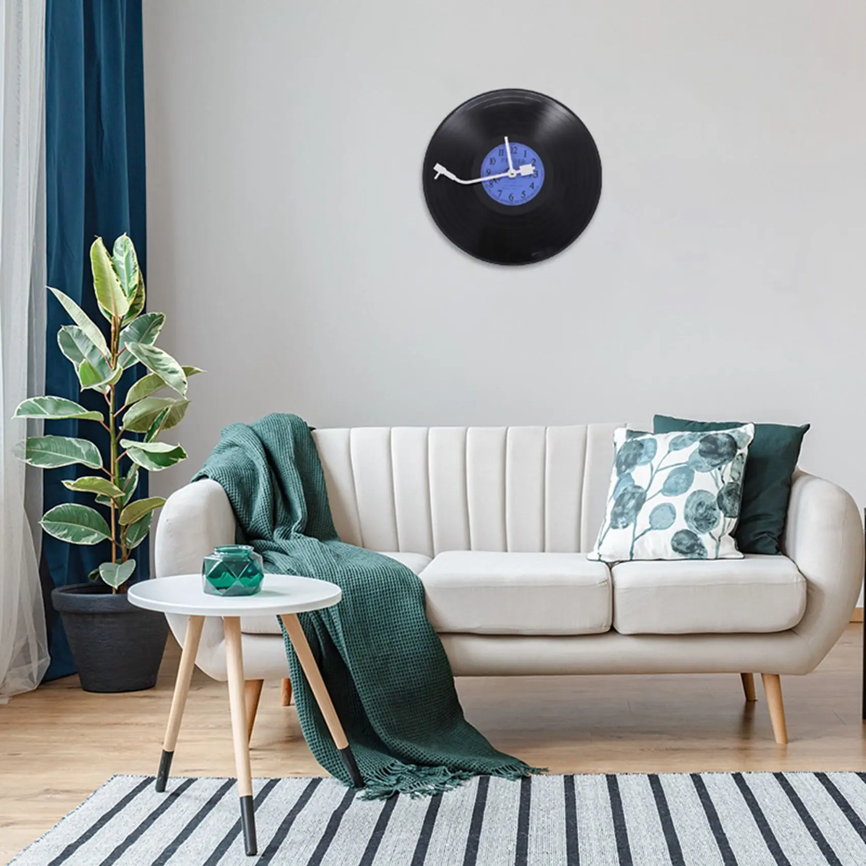 Quartz Round Retro Wall Clock Art Design Kitchen Living Room Home Decoration Vinyl Record Clock Blue + Black Plastic