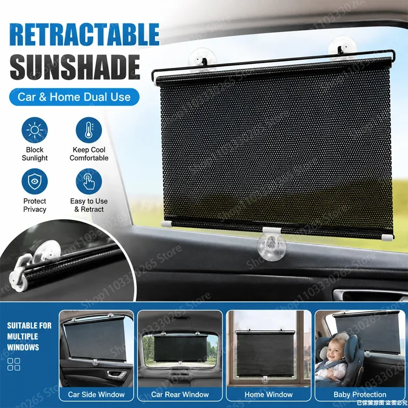 Retractable Car Home Dual Use Sunshade, Suction Cup UV Block Privacy Roller Shade Heat Insulation Window Cover