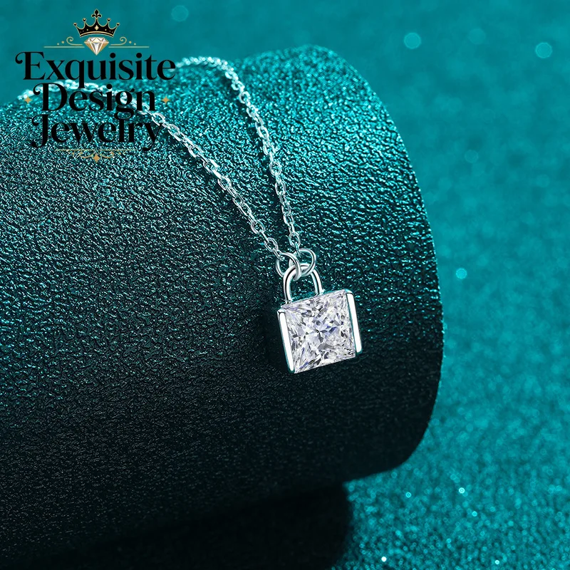 Exquisite Platinum PT950 Dazzling 2-carat Moissanite Sugar Cube Necklace, Small Lock Diamond Pendant Minimalist Collarbone Chain