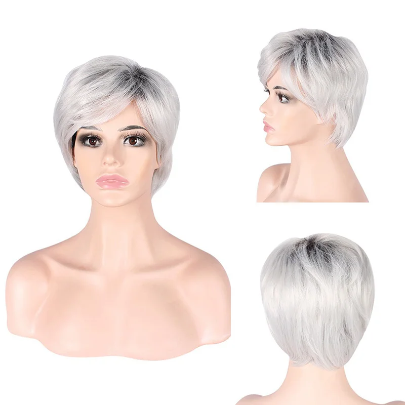 Robe de soirée pour femme, cheveux courts dégradés, banquet, soirée, assortie à des cheveux bouclés en fibre chimique moelleux, cheveux de longueur d'oreille pour femme