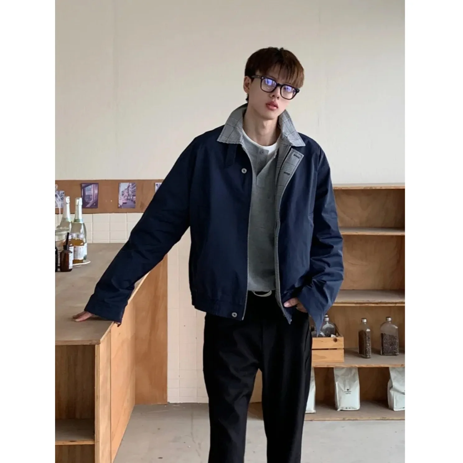 

Autumn ort Baseball Sle Plaid Patchwork Fake Two-Piece Men's Jaet Cleanfit Flight Coat Loose Fit Casual Faion