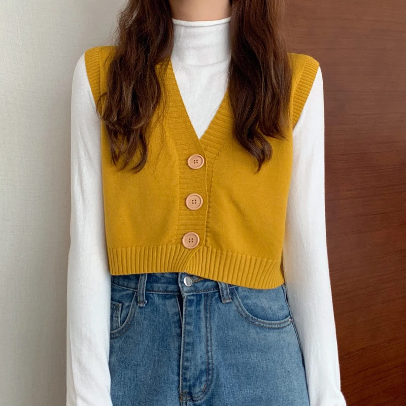 Button Down Sweater Vest for Women Teen-girl V-Neck Sleeveless Crop Knit Jacket Top Basic Outfit