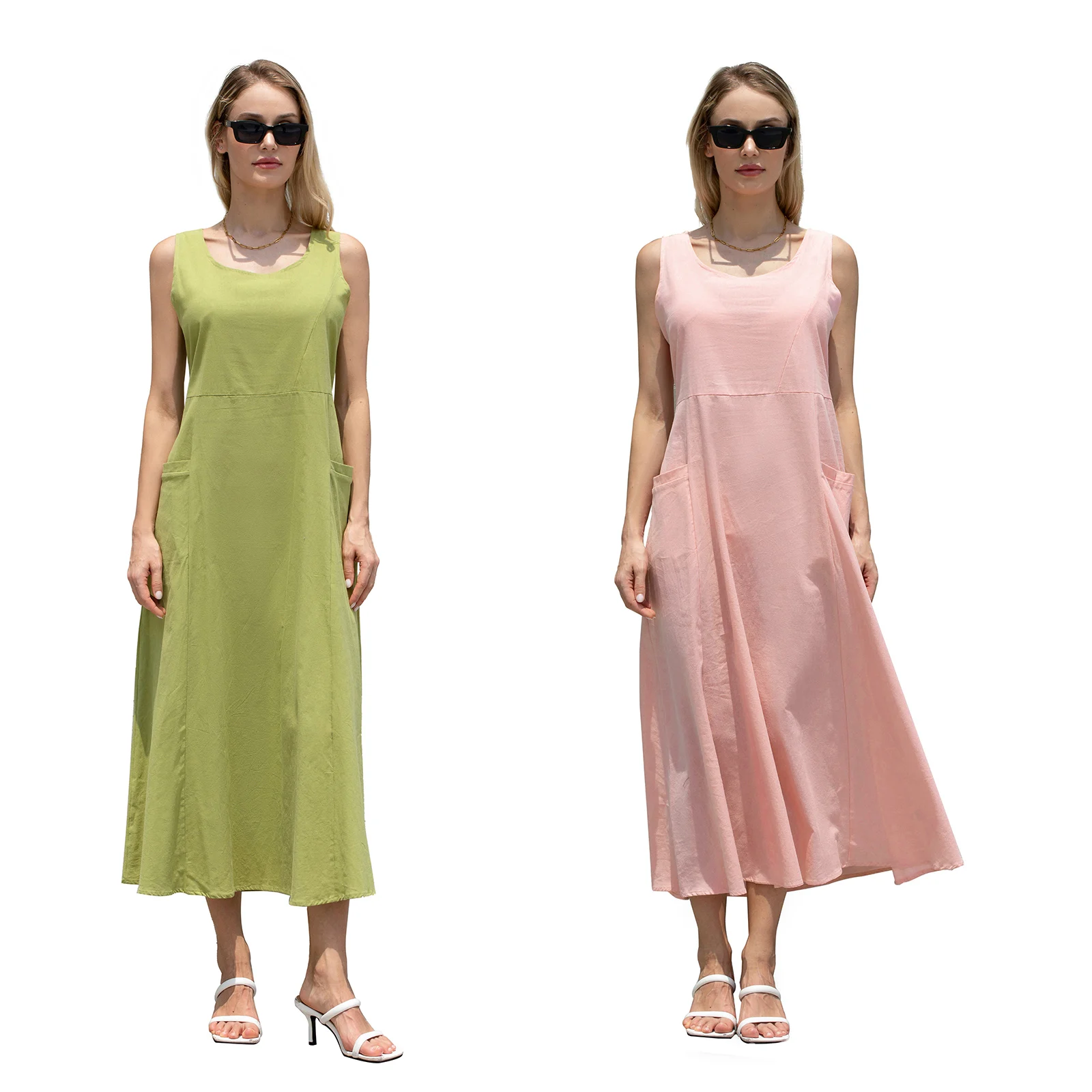 

Womens Cotton Linen Tank Dress Solid Color Crew Neck Sleeveless A-line Elegant Dresses Loose Midi Dress with Two Big Pockets