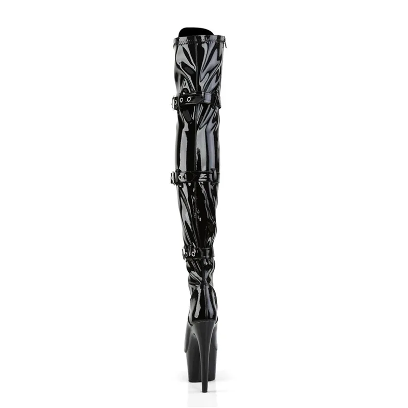 17CM Over-Knee Boots | Punk Rock Pole Dance Boots | Black Lace-Up with Buckle Strap | Anti-Slip Stage Shoes for Club Night
