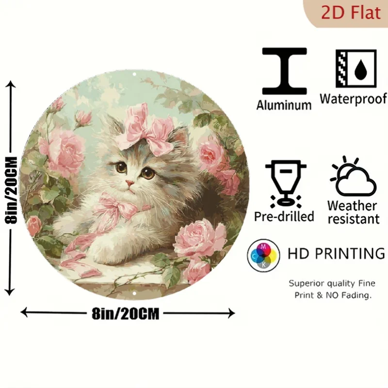 Vintage Floral cat & roses metal wall Decor - Mint Green & Pink Floral Kitten with Tabby Cat - 8x8 Inch (20x20cm) Round Aluminum