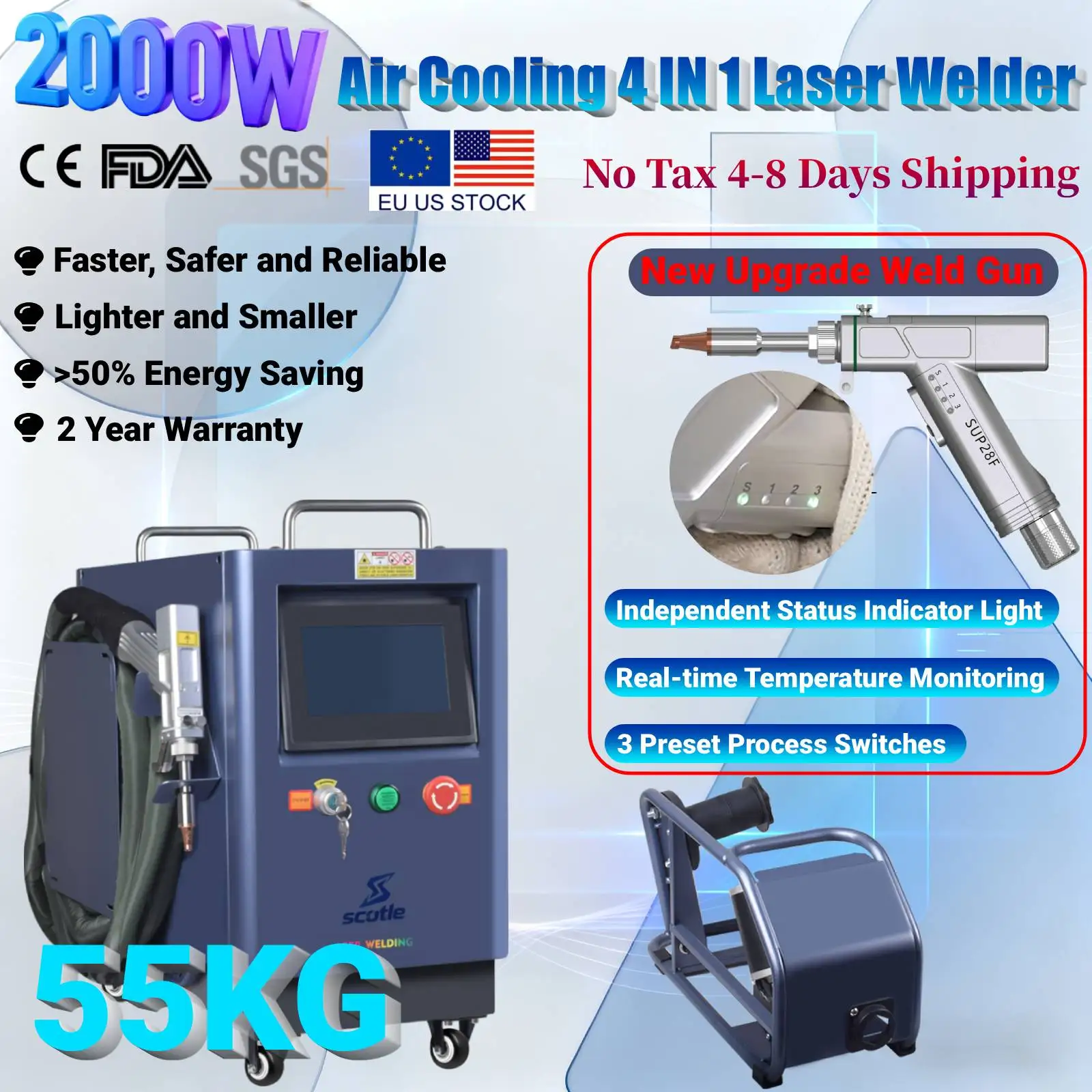 2000 W 4 IN 1 Handheld Laser Schweißer Luftkühlung Schweißen Reinigung Schneiden Maschine Upgrade SUP 28F Schweiß Pistole für Carbon Stahl Legierung