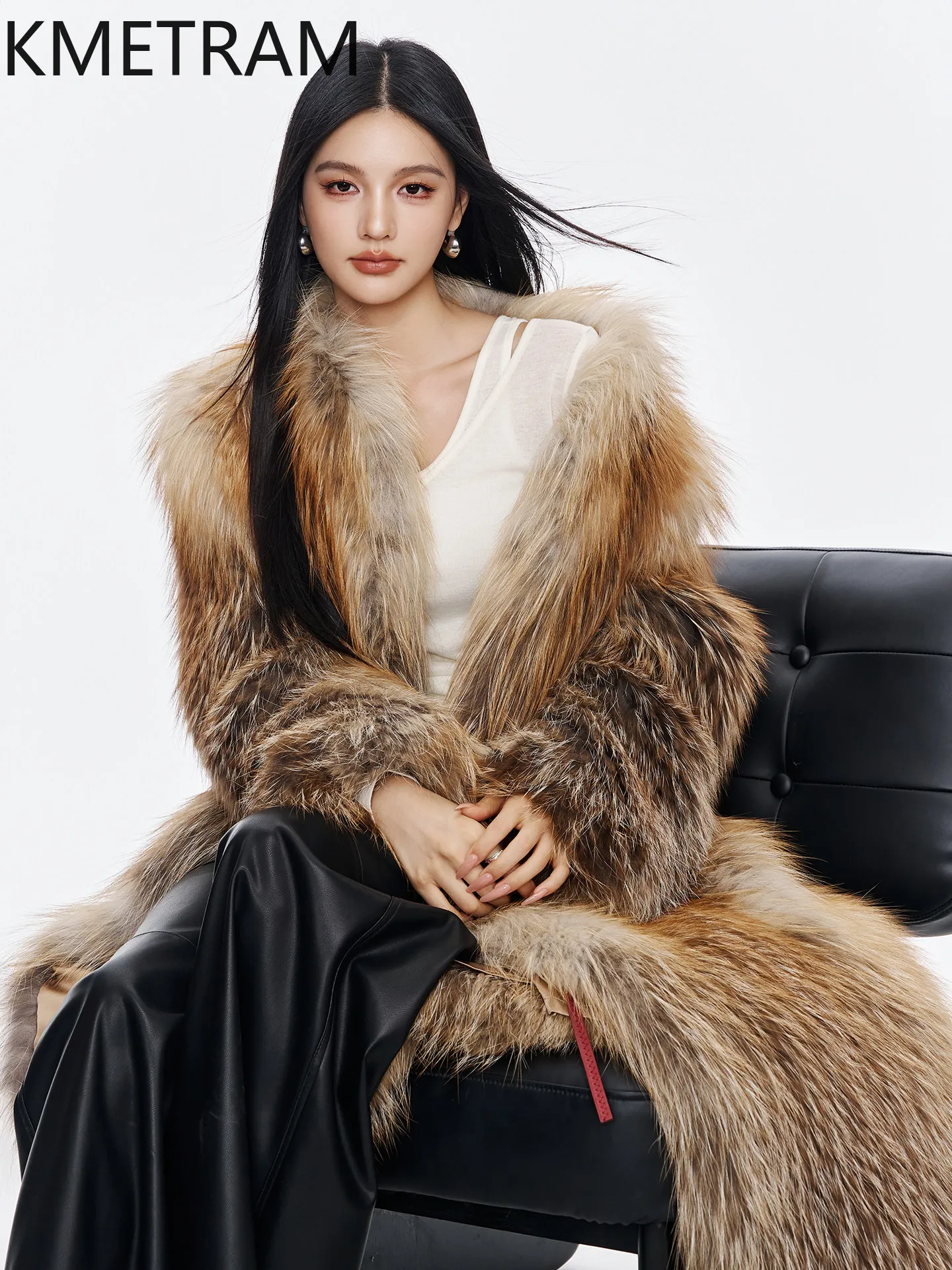 KMETRAM 100% Real Fox Fur Coat Woman V-Neck Loose Coats Long Knitted Fur Jacket High Quality Winter Women Clothes 112cm 2026 퍼자켓