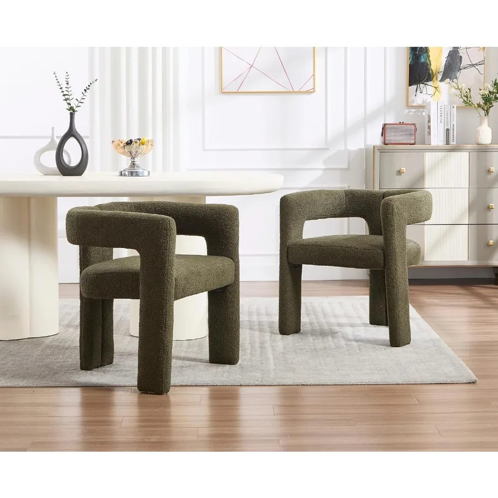 

Modern Barrel Dining Chairs Set of 2 Upholstered Boucle Kitchen Chairs with Open Back and Arms Comfortable Sherpa Accent Chairs