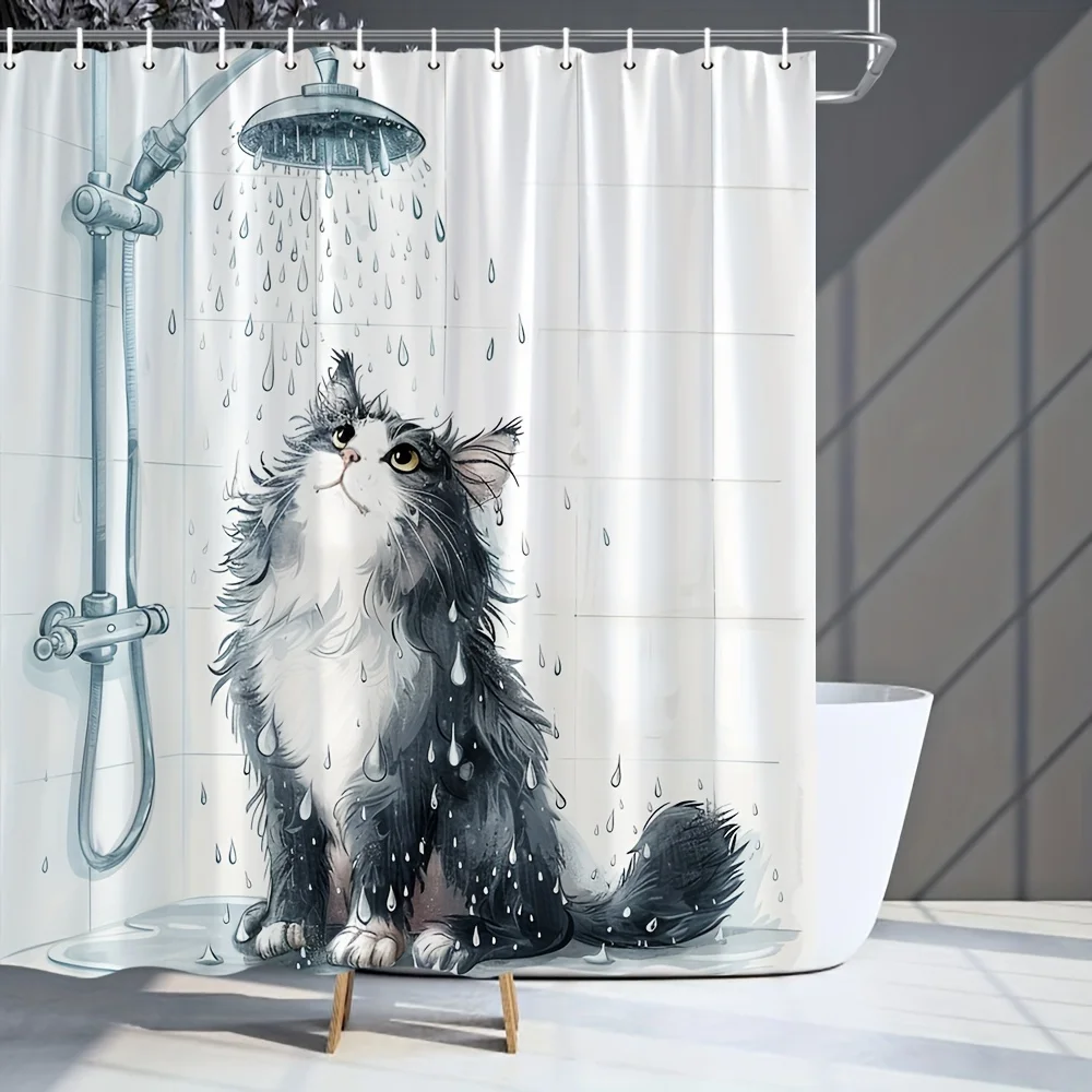 1pc Funny And Interesting Black Cat Bathing Pattern Shower Curtain, Waterproof Shower Curtain, Bathroom Decoration Shower Curtai