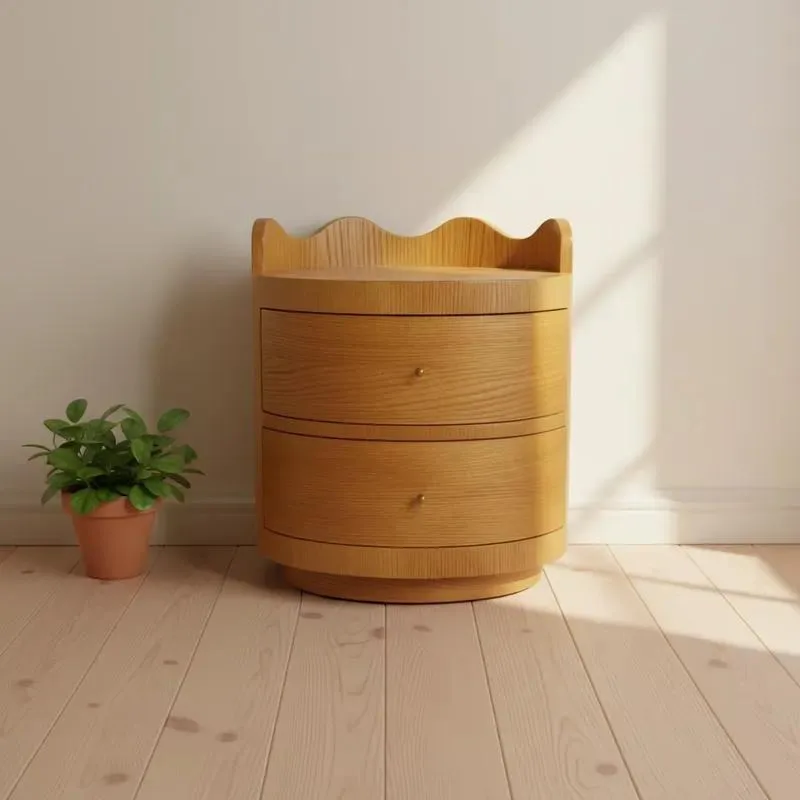 Modern Solid Wood Bedside Table with Two Drawers Round Nightstand for Bedroom and Hotel Furniture