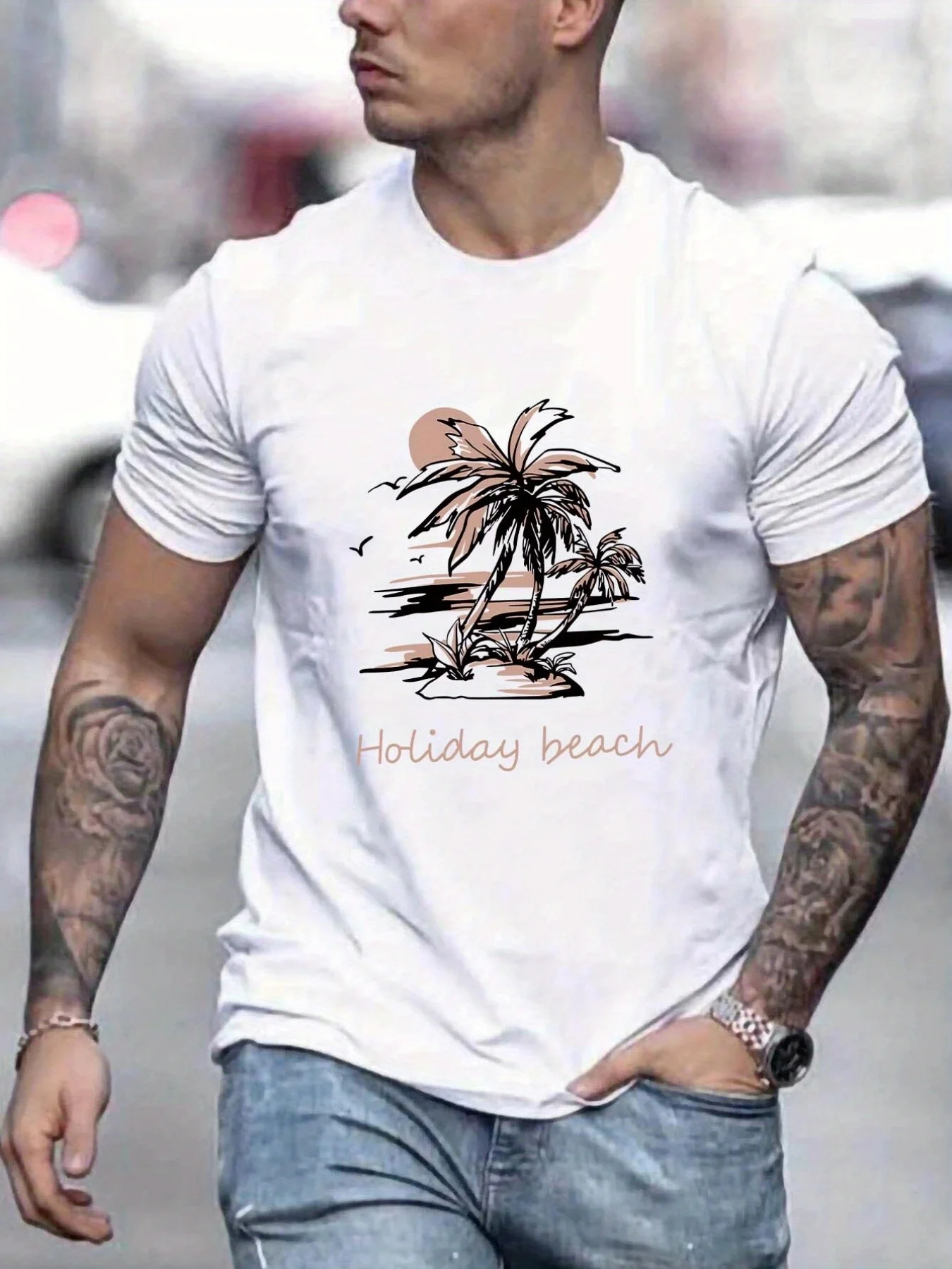 ホリデービーチパターンプリントメンズ快適なTシャツ、グラフィックTシャツメンズ夏のアウトドア服、紳士服、男性用トップス