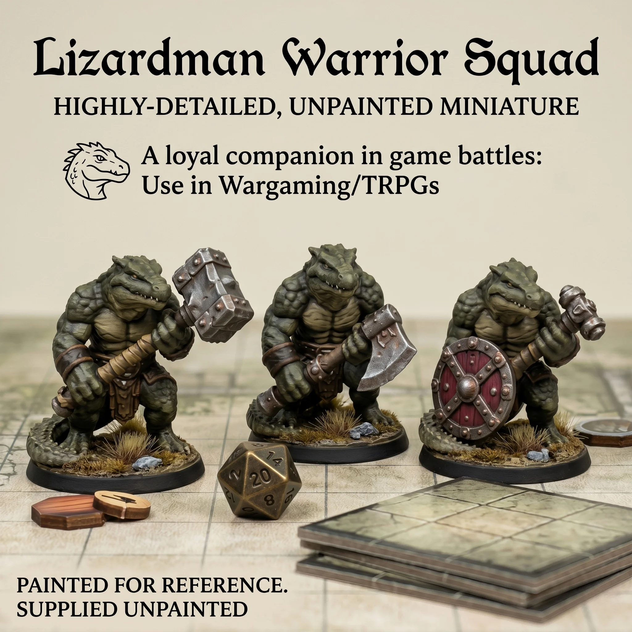 Unpainted Lizardman Warrior Miniature Ornament, TTRPG Style, Tabletop Wargame Figurine, Home Desk Decoration
