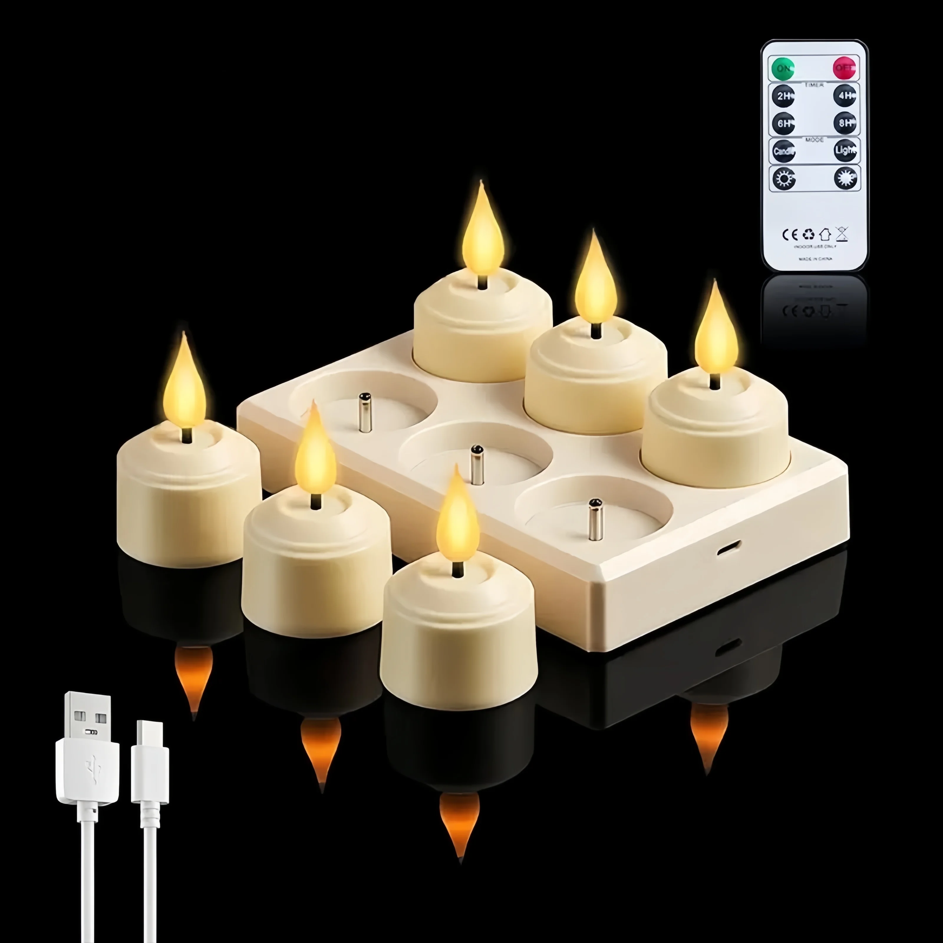 6pcs Flameless led Tea Light candle lamp with Charging Station Tea Lights 3D wick Candles Remote Controlled w/Timer Wedding Deco