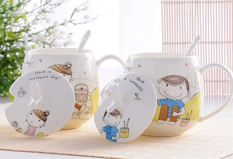 410ML, Real Bone China Coffee Mug with Lid & Spoon, Ceramic Tea Termal Tumbler, Funny Girlly Designed, Taza Cups and Mugs
