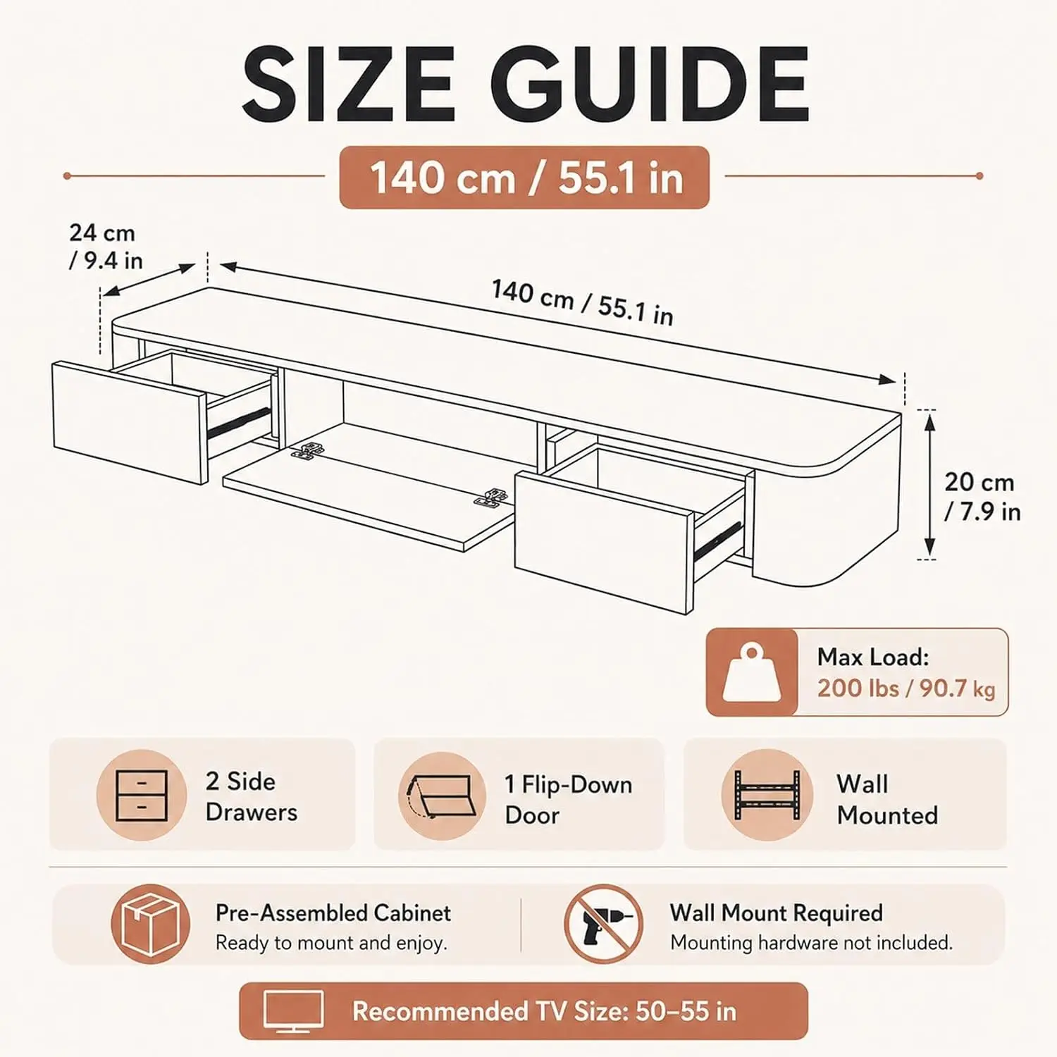 TV Media Console Floating TV Cabinet Wall Mounted TV Stand With Drawers And Router Shelf, Large Storage Lowboard, Customized