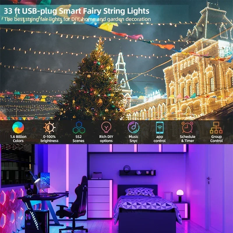 Guirnalda de luces LED para árbol de Navidad, iluminación RGBIC para fiesta, boda, decoración al aire libre, 40M, WS2812B