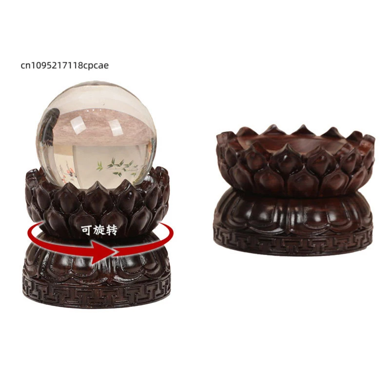 Spherical Recessed Display Stand Rotating Ebony Wood Lotus Base for Crystal Ball & Collectibles, Stone, Buddha Statue