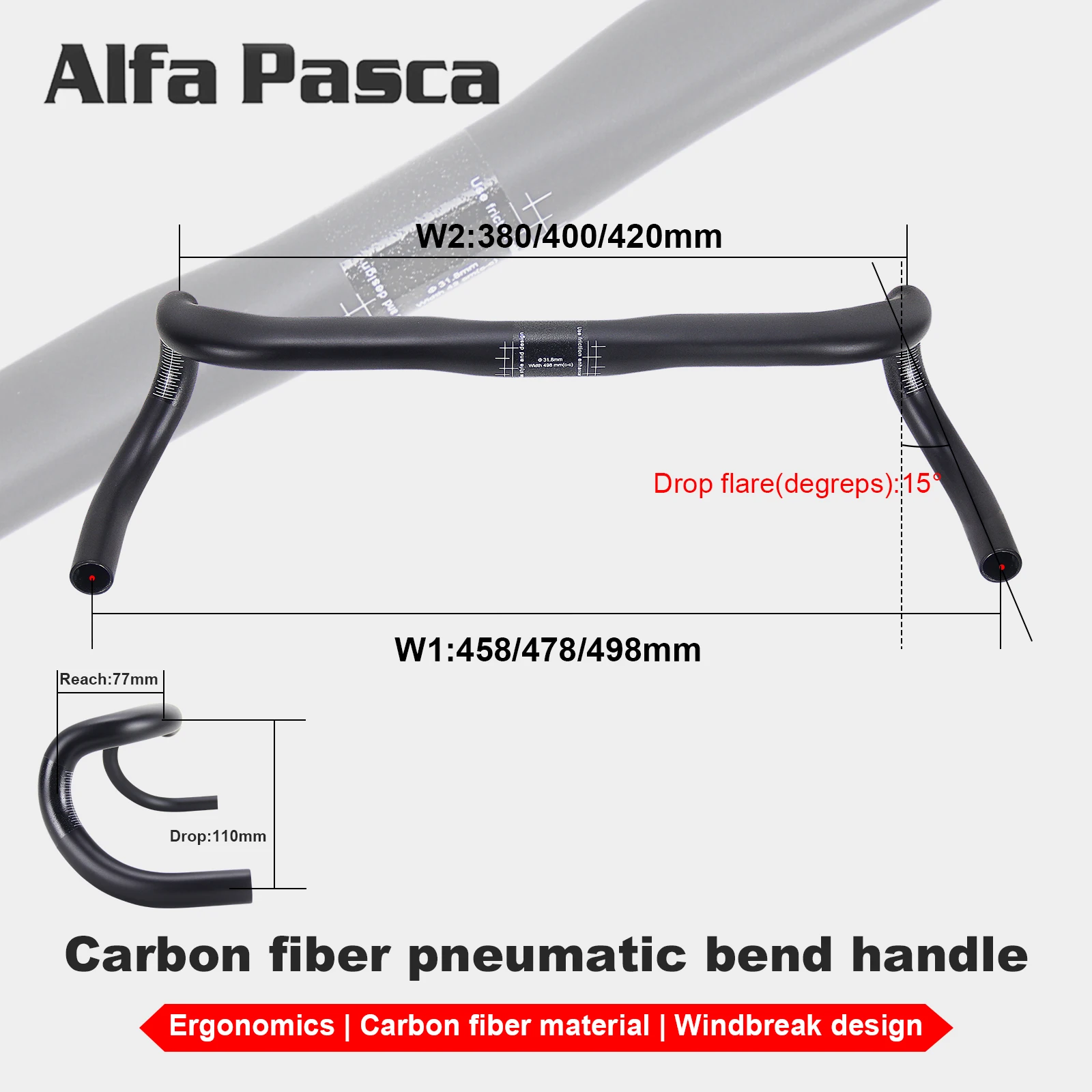 alfa-pasca-road-bike-handlebar-15-degree-flare-inner-routing-drop-bar-458-478-498mm-bicycle-bent-bar-lightweight-cycling-parts
