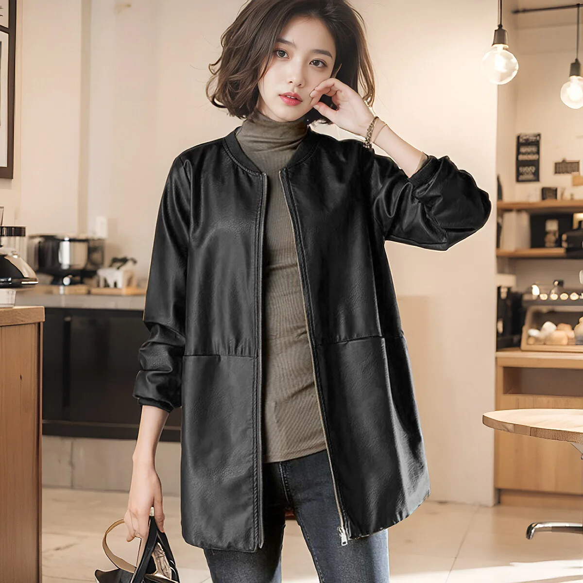 Bla Leather Jaet Donna Primavera Autunno Lunghezza media Allentato Mom Faion Hong Kong Sle Cappotto in pelle PU Chiusura con cerniera