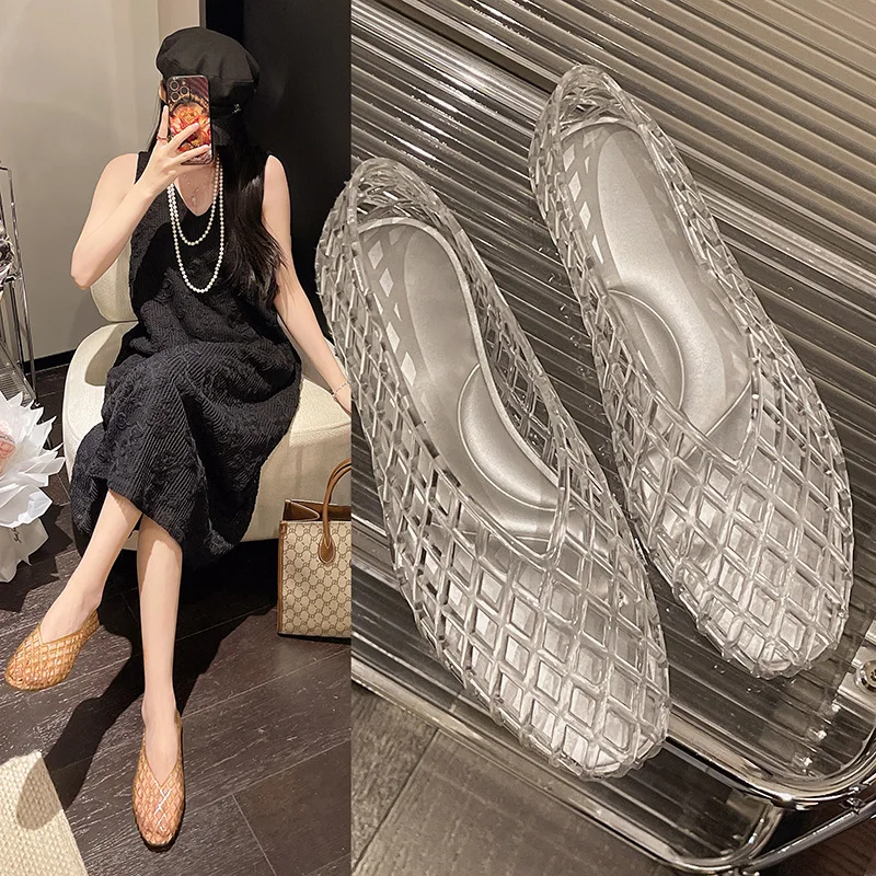 New Hollow Transparent Jelly Elastic Crystal Bag Head Versatile Flat Bottom Breathable Comfortable Mary Jane Single Shoes