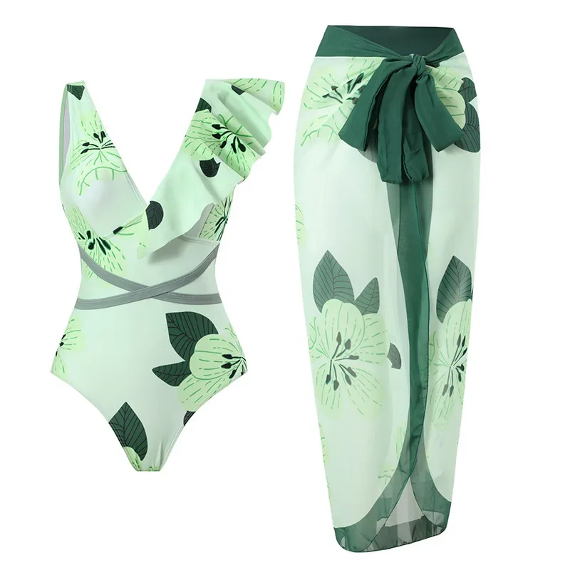 2026 Two Pieces Swimsuit for Women lotus leaf print Bathing Bikini Suit Summer  Strap Beach Swimwear Set with Chiffon Long Skirt