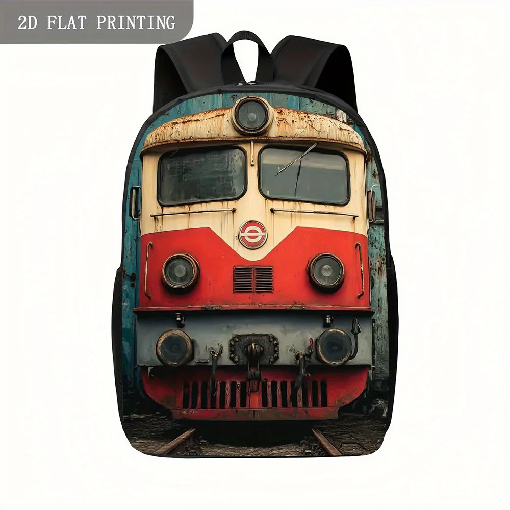 

One retro rust-colored industrial-style urban design backpack in front of a train, with adjustable shoulder straps