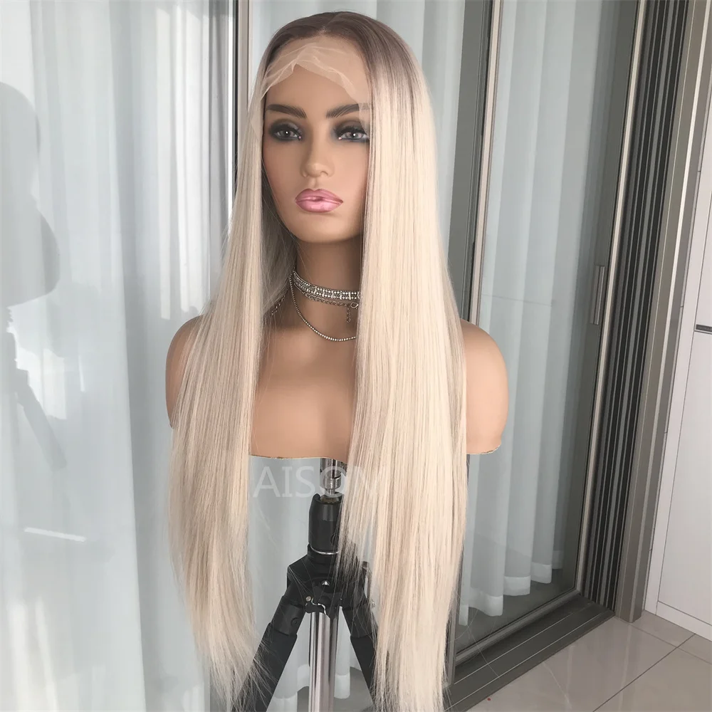 Long Straight Platinum Blonde Lace Front Wig for Women Lace Frontal Synthetic Hair Wigs Pre Plucked Transparent Lace Wig