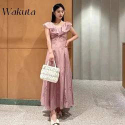 WAKUTA Japanese Spring/Summer 2024 V-neck Sleeveless Ruffle Edge Gowns Elegant Flower Hollow Waist Wrap Vestido Elegante Mujer