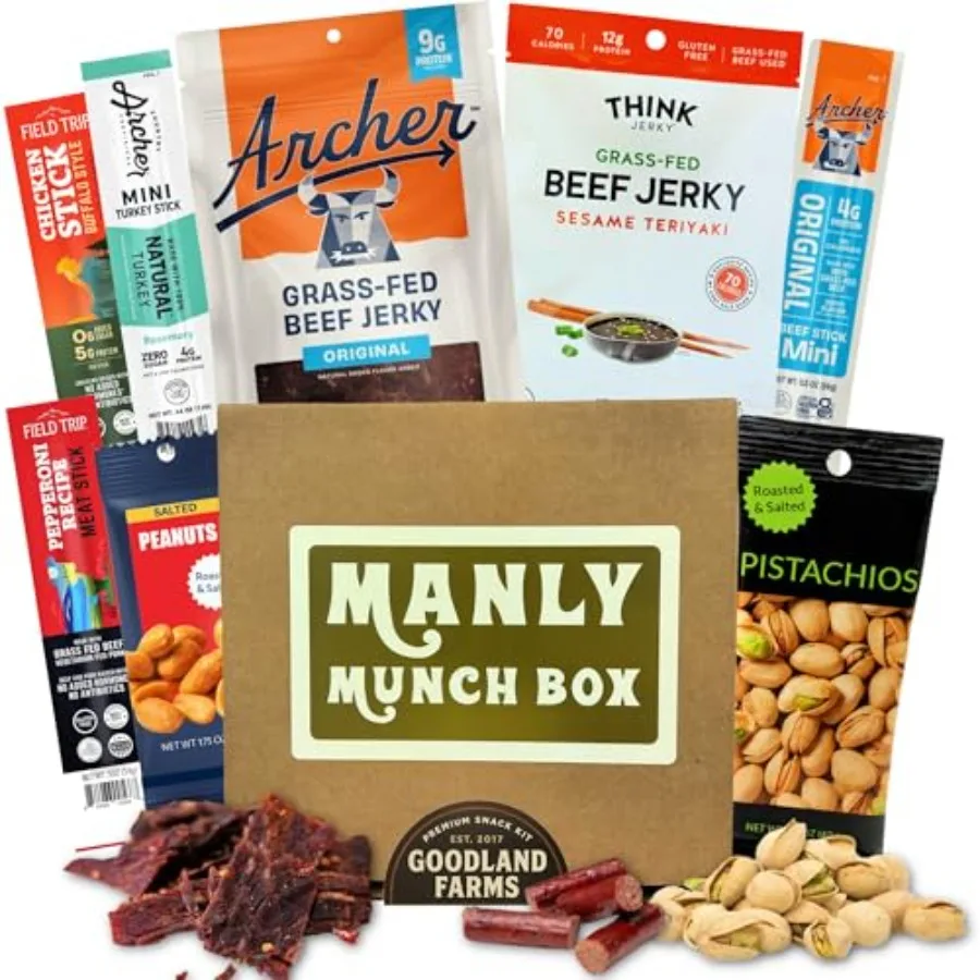 

Manly Munch Box Jerky Gift Box, Curated Assortment of High Protein Snacks, Beef and Turkey Jerky Variety Pack Gift Set, Exotic