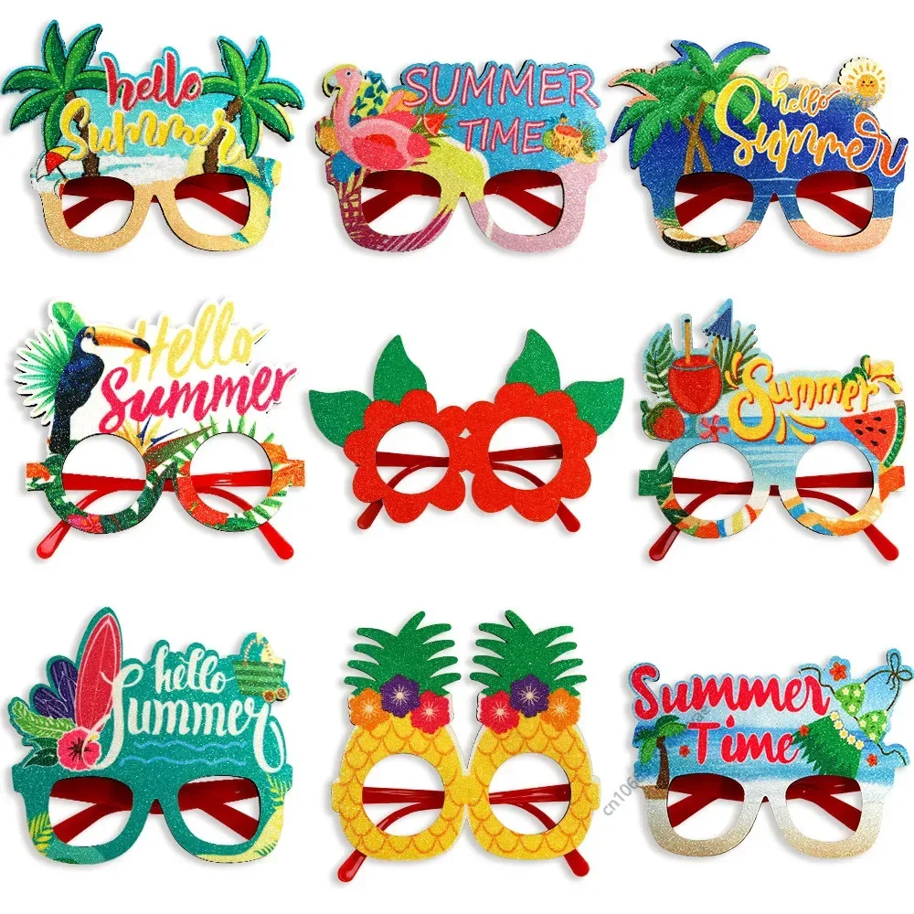 Non-woven Glasses Frame Hello Summer Decorations Hawaii Party Decor Tropical Luau Party Coconut Tree Fire Bird Pineapple Glasses