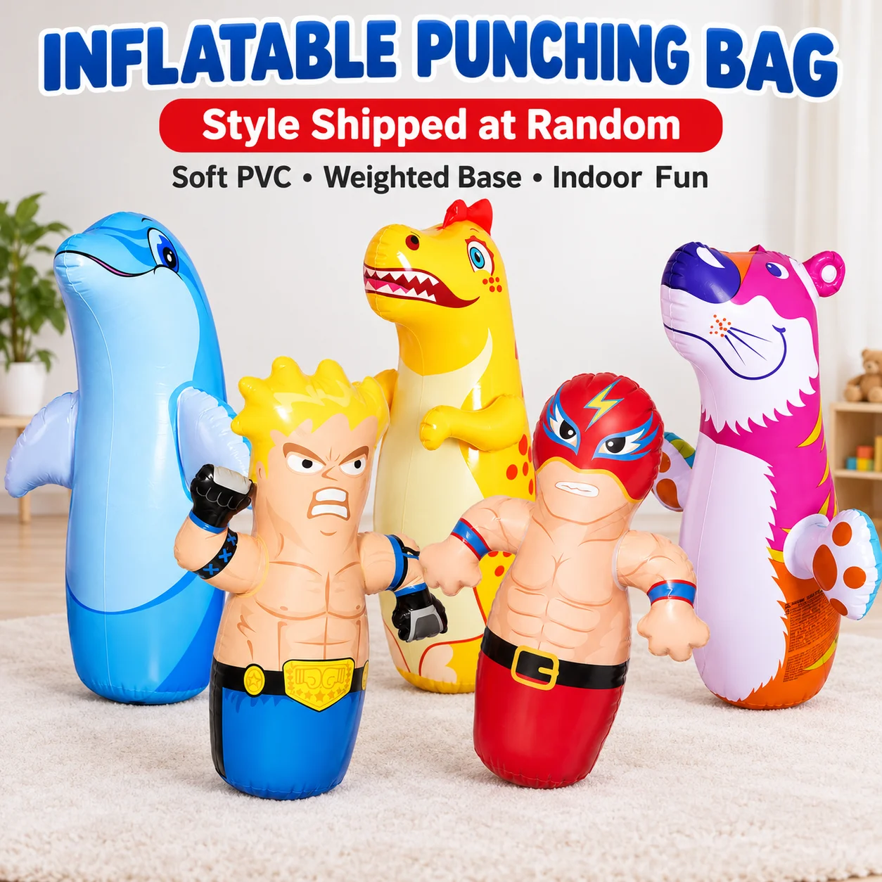 1PC Inflatable Punching Bag Freestanding Bop Bag Water Weighted Base Bounce Back Cartoon Boxing Toy Indoor Play Random Style