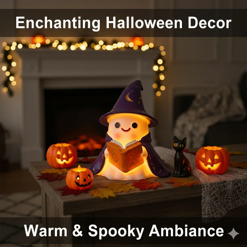 Enchanted Ghost Wizard Lamp LED Night Light Resin Craft Reading Book Design Halloween Decor Bedroom Desk Ornament Creative Gift