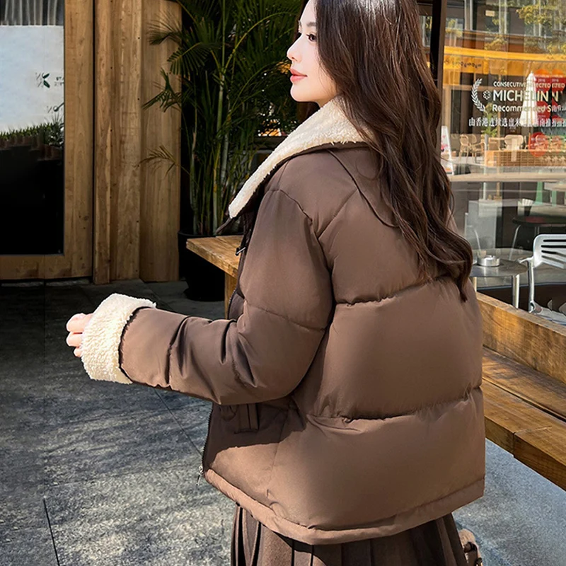 

2025 Fashion Women Winter Jacket Faux Lamb Wool Splicing Puffer Outerwear Korean Street Thick Warm Stand Collar Down Cotton Coat