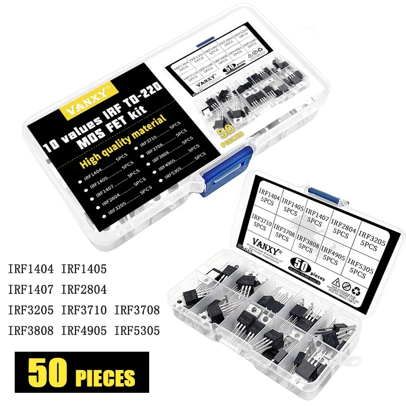 10 values TO-220 MOS FET transistor kit IRF1404 IRF1405 IRF1407 IRF2804 IRF3205 IRF3710 IRF3708 IRF3808 IRF4905 IRF5305 50pcs