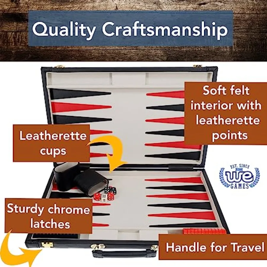Backgammon-set met elegante zwarte kunstleren koffer 21 x 12,5 inch. Gesloten; 25 x 21 inch. Open Ideaal voor Familiespelavonden Volwassen Bo