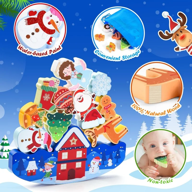 Christmas Wooden Building Blocks Stacking Toys Kids Balance Competition Game Boys Girls Sensory Puzzle Birthday Gift