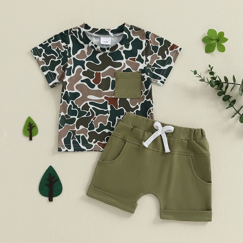 

Toddler Boy Summer Cool Outfits Camouflage Print Round Neck Short Sleeve Pocket T shirt Tops with Solid Shorts Boys Outfit