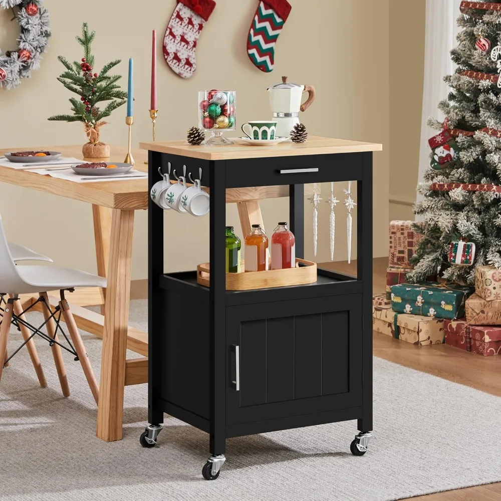 

Small Kitchen Island on Wheels with Wood Top ands Drawer, Trolley Cart with Open Shelf and Storage Cabinet for Dining Room