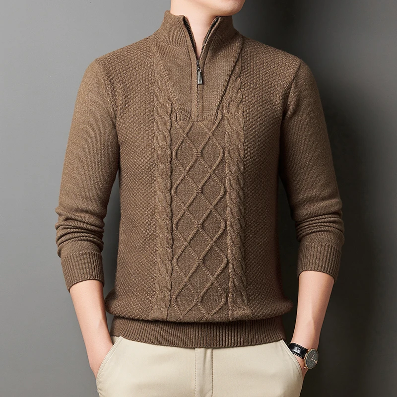 Men Thick Warm Zipper Collar Knitted Sweater Fashion Men Base Shirt Pure Color Sweater Autumn Winter Male Trend Pullover