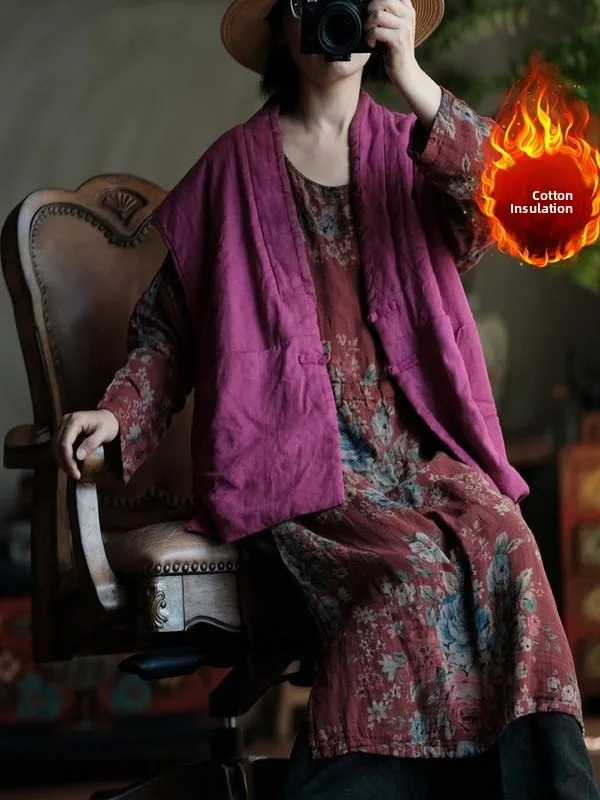 Retro Baumwolle Leinen Farbe V-ne Geknöpft ort Weste Große Größe frauen Kleidung Traditionelle Chinesische Stickerei Herbst W...