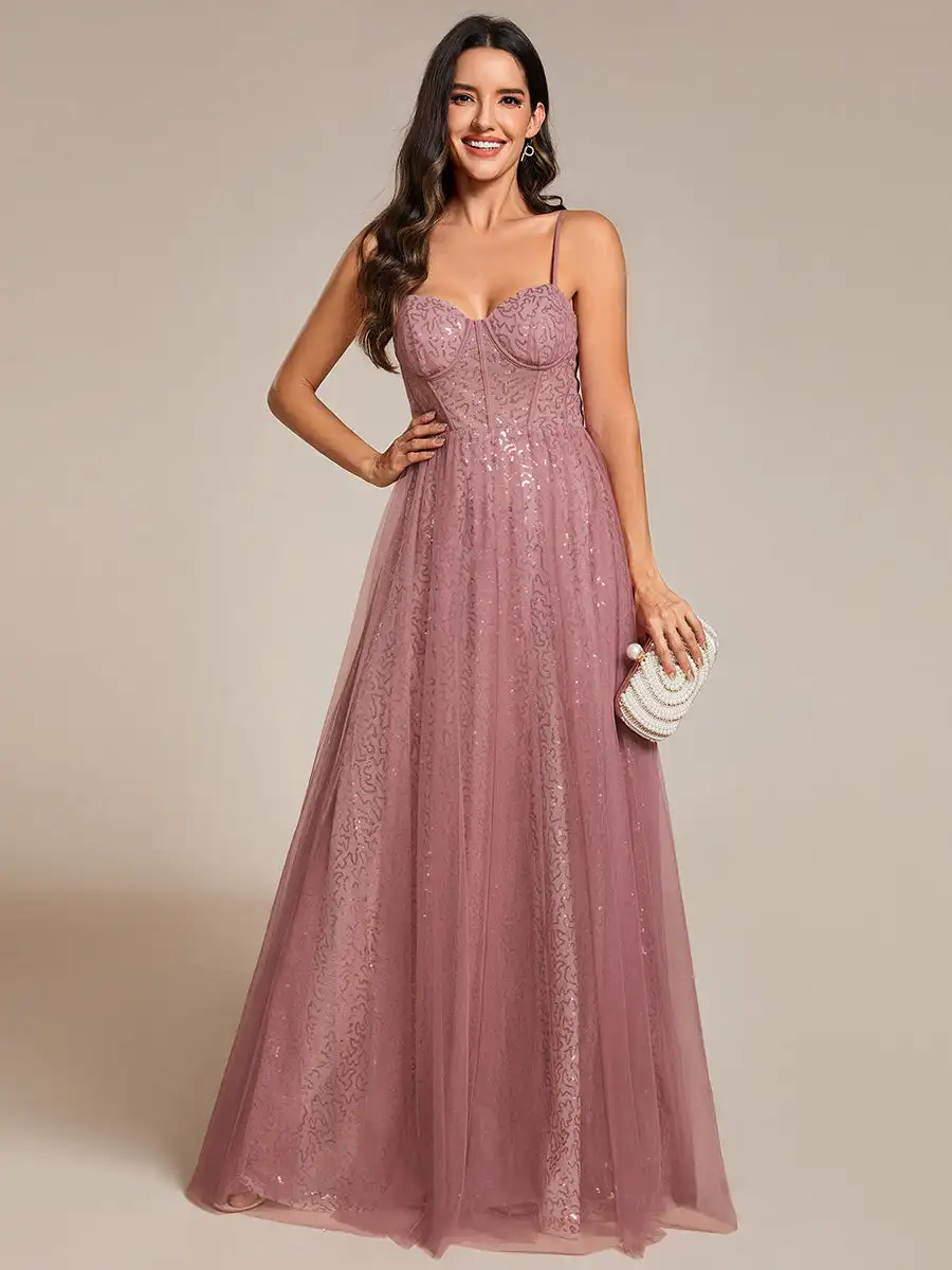 

Elegant Evening dresses Sweetheart Neckline Spaghetti Straps Floor Length 2024 BAZIIINGAAA of Shiny Orchid Bridesmaid Dres