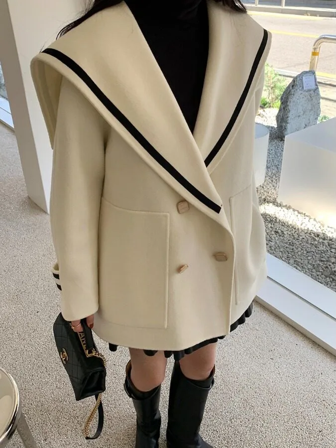 Chic Autumn Winter Navy Collar Color Block Double Button Loose Long Sleeve Warm Woolen Coat for Women Korean Style Streetwear