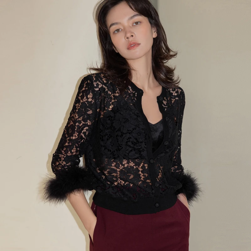 

Ele Hollow out Embroidered Feather Cardigan Women's Straight Tube Long Sve Cotton Blend Spring Faion Commute Sle