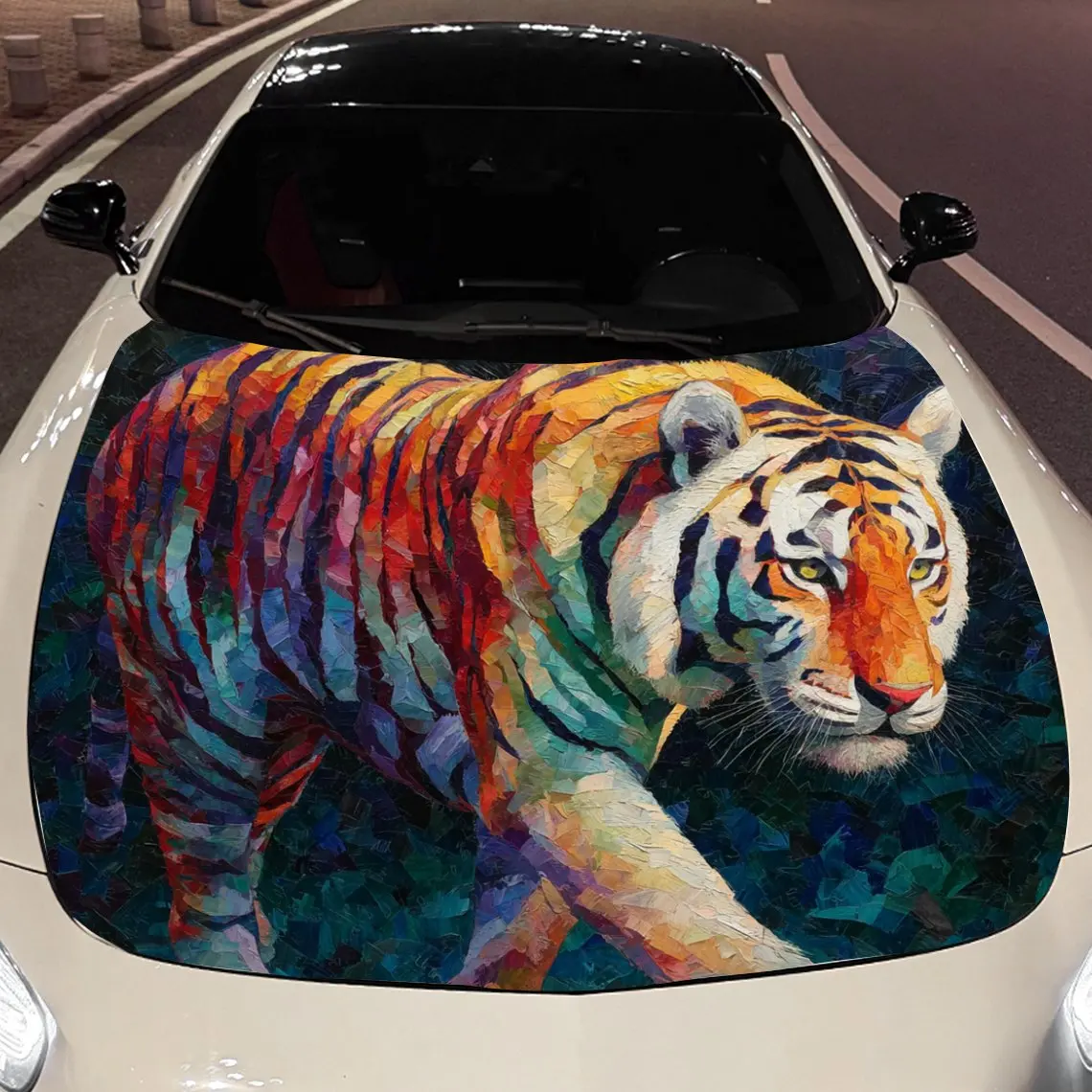 

Car Decals A Tiger Blending Artistic Vibrancy And Wild Spirit In A Multicolored, Expressive Design Car Hood Sticker, Waterproof