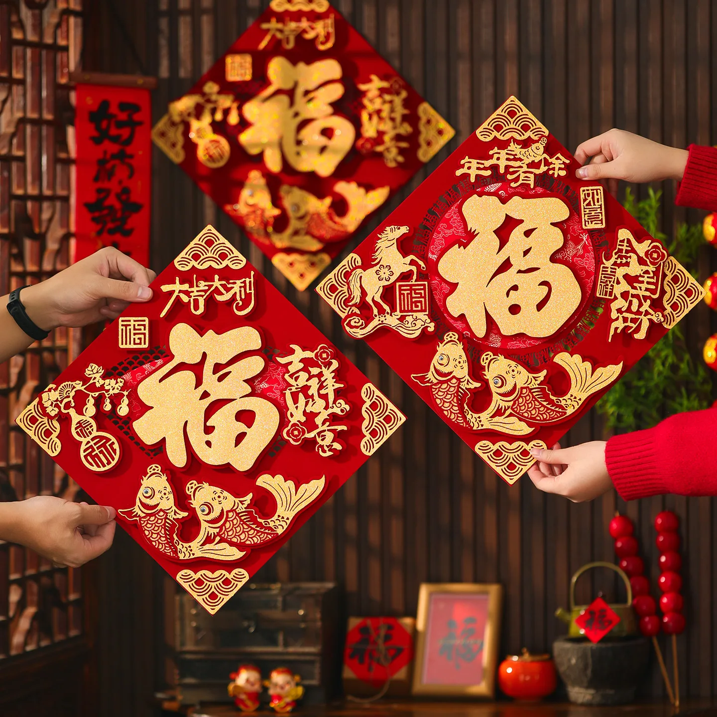 

2026 New Year's Fuzi Door Decal Flocked 3D Fortune Character Door Decal for Chinese New Year Celebrations New Year Decorations