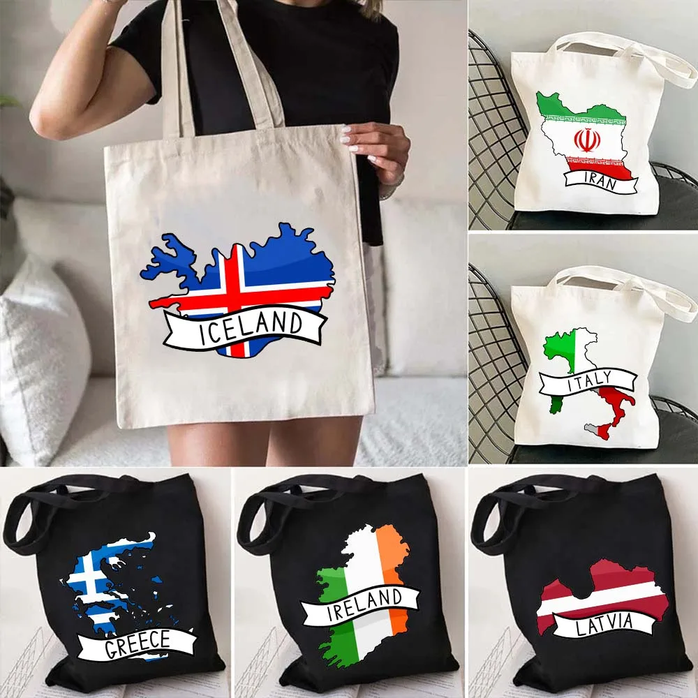 Georgia Greece Iceland Iran Ireland Italy Jamaica Latvia Mexico Romania Rwanda Flag Map Canvas Shopper Tote Bag Shoulder Handbag