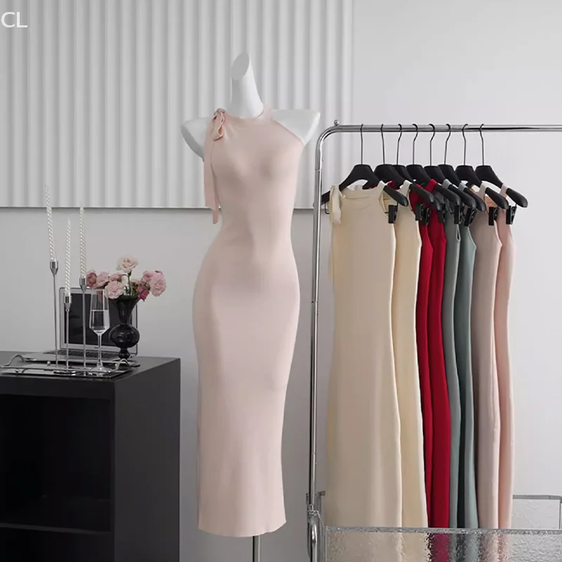 Ins Style coréen couleur unie robe femmes été mince élastique fille chaude rose fente taille hanche jupe longue
